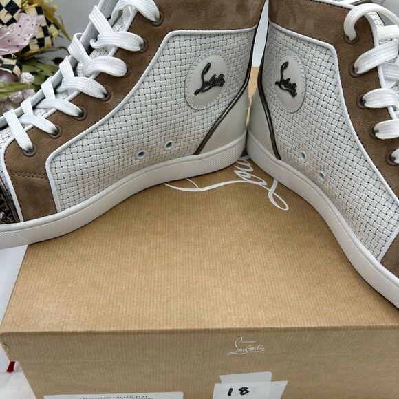 Christian Louboutin White and Brown Spiked High-Tops - Picture 7 of 13